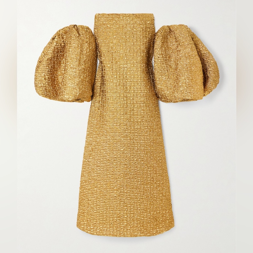 Dima Ayad off the shoulder metallic cloque gown